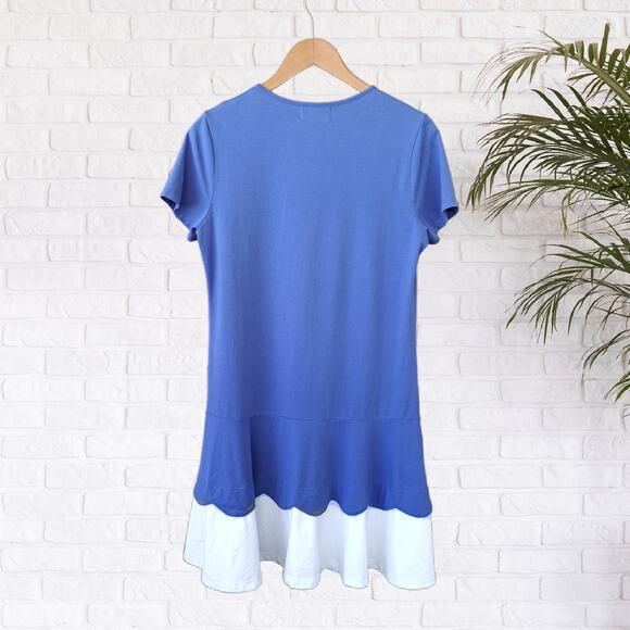 DUFFIELD LANE Flounce Hem Tee Dress Size Medium Blue & White Preppy - Picture 6 of 7